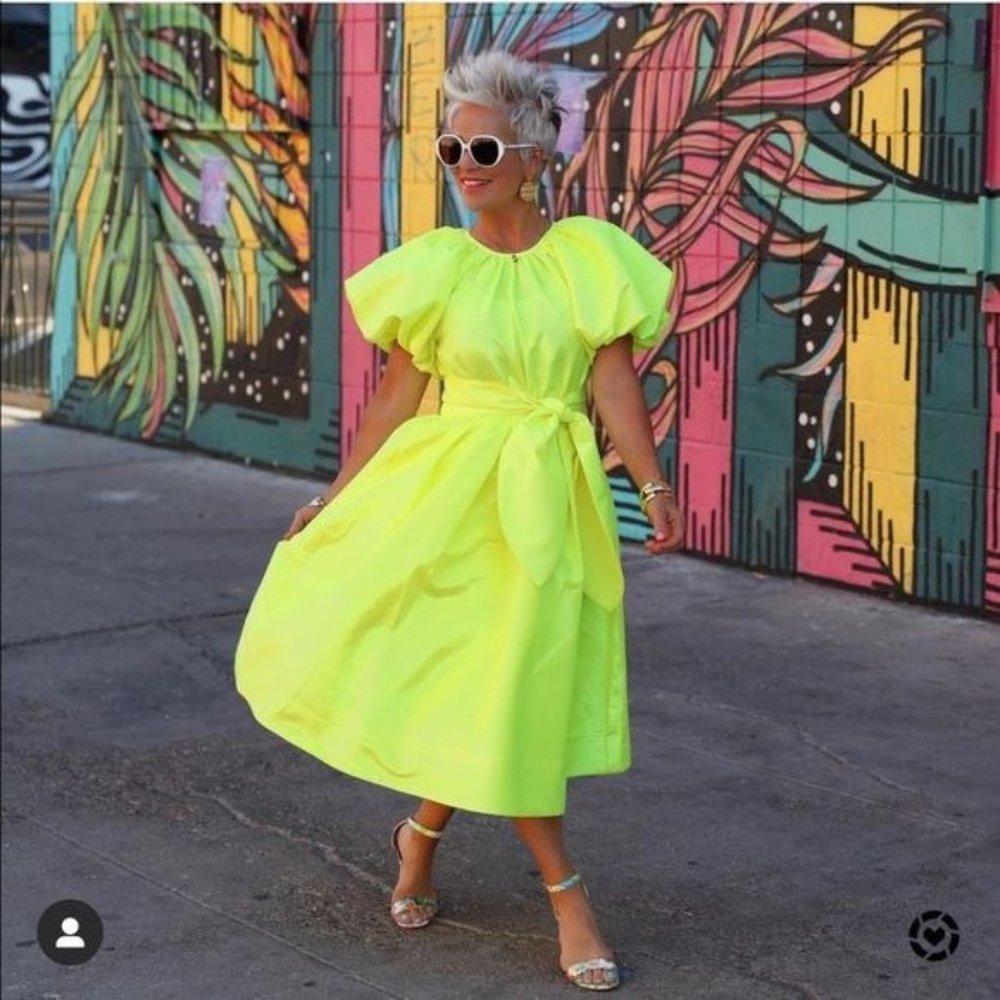 Christopher Rogers Woman Yellow Midi Dress XS Volume Iridescent Puff Sleeve New - Picture 8 of 15